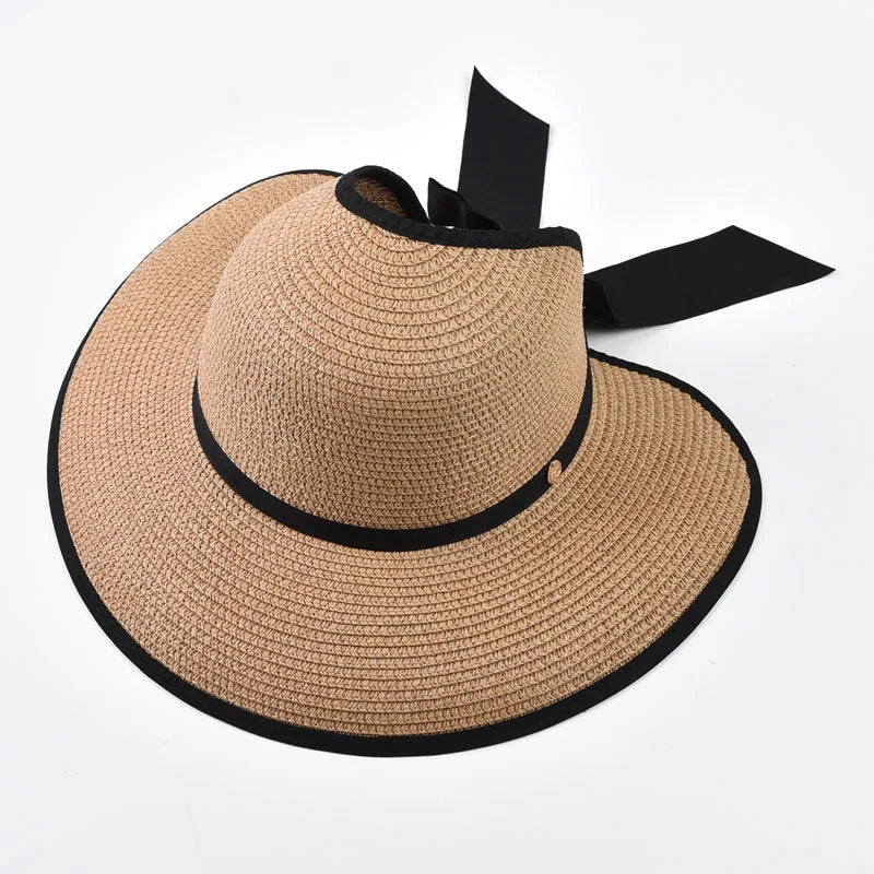 Wide Brim Straw Sun Hat with Black Ribbon Bow