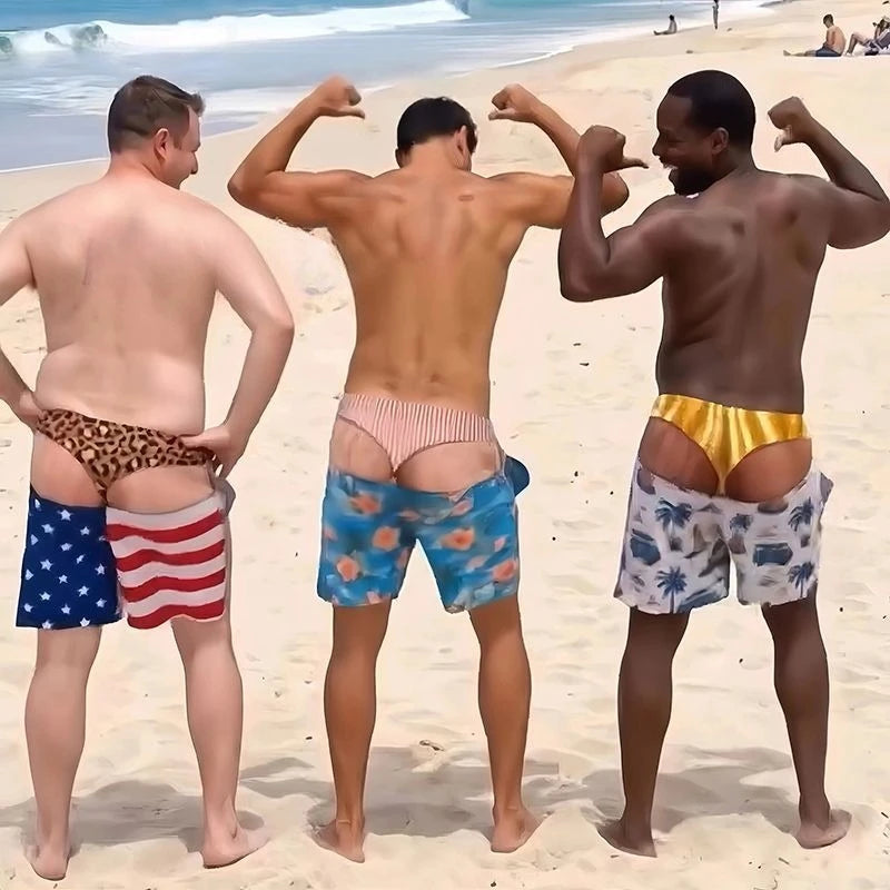 Funny Fake Two-Piece Men's Beach Shorts – Optical Illusion Thong Print Boardshorts