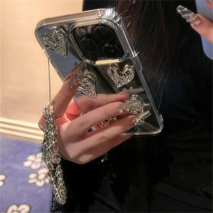 3D Heart Mirror iPhone Case with Silver Bracelet Chain