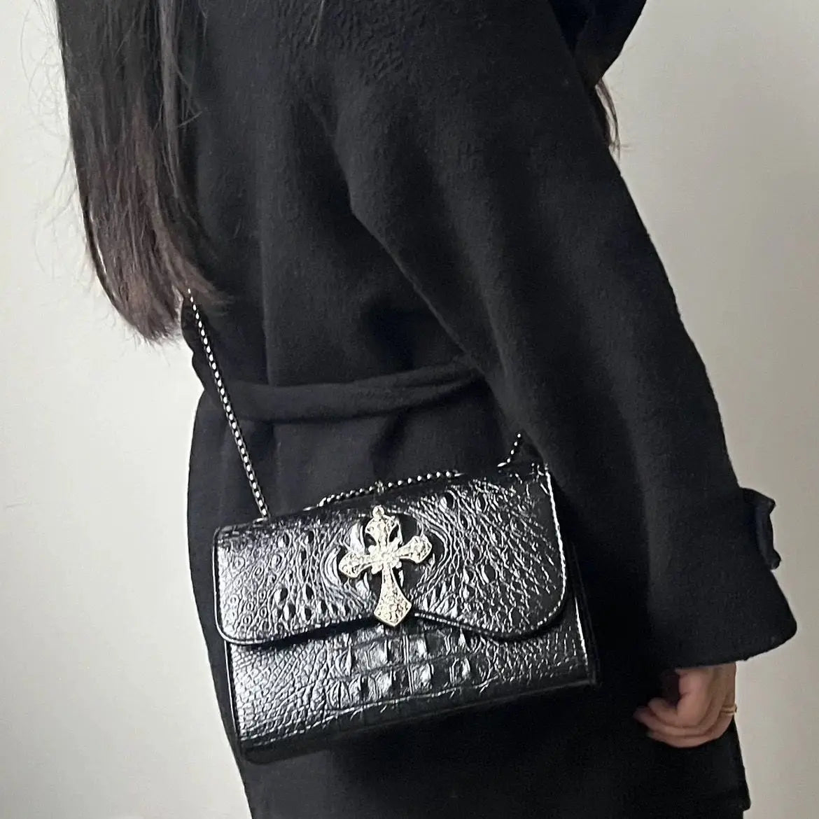Vintage Black Gothic Underarm Bag Women Cross Faux Crocodile