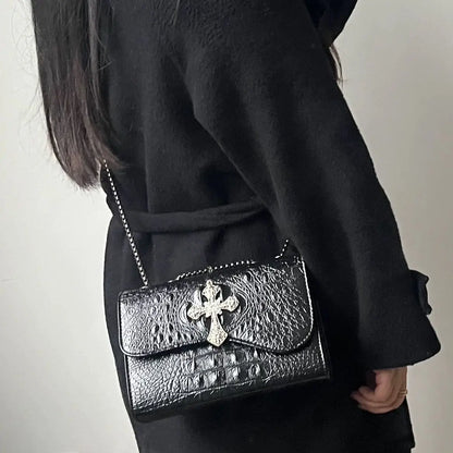 Vintage Black Gothic Underarm Bag Women Cross Faux Crocodile