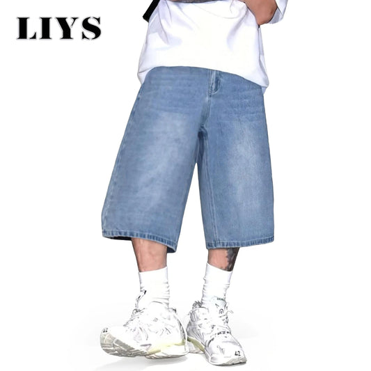 Baggy Wide-Leg Denim Shorts – Men's Light Blue Streetwear