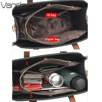 Vintage Leather Tote Bag for Women – 3-Layer Luxury Handbag