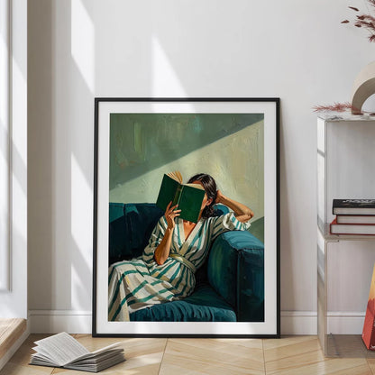 Reading Woman Wall Art Print – Emerald Green Abstract Portrait Poster