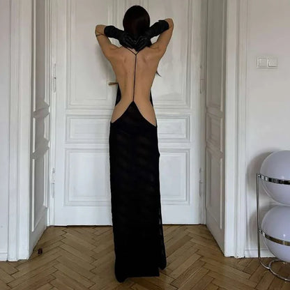 Black Sheer Striped Maxi Cami Dress – Backless Clubwear