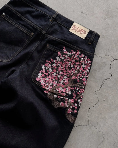 Embroidery Wide Leg Denim Jeans Y2K Harajuku Women Baggy Pants