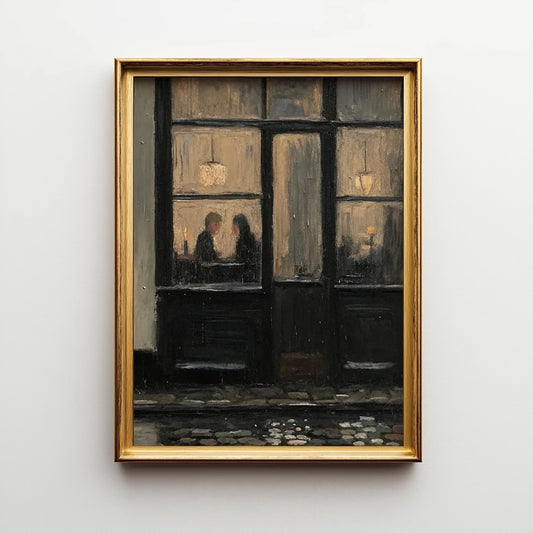 Romantic Cafe Window Wall Art Print – Vintage Couple Painting Poster