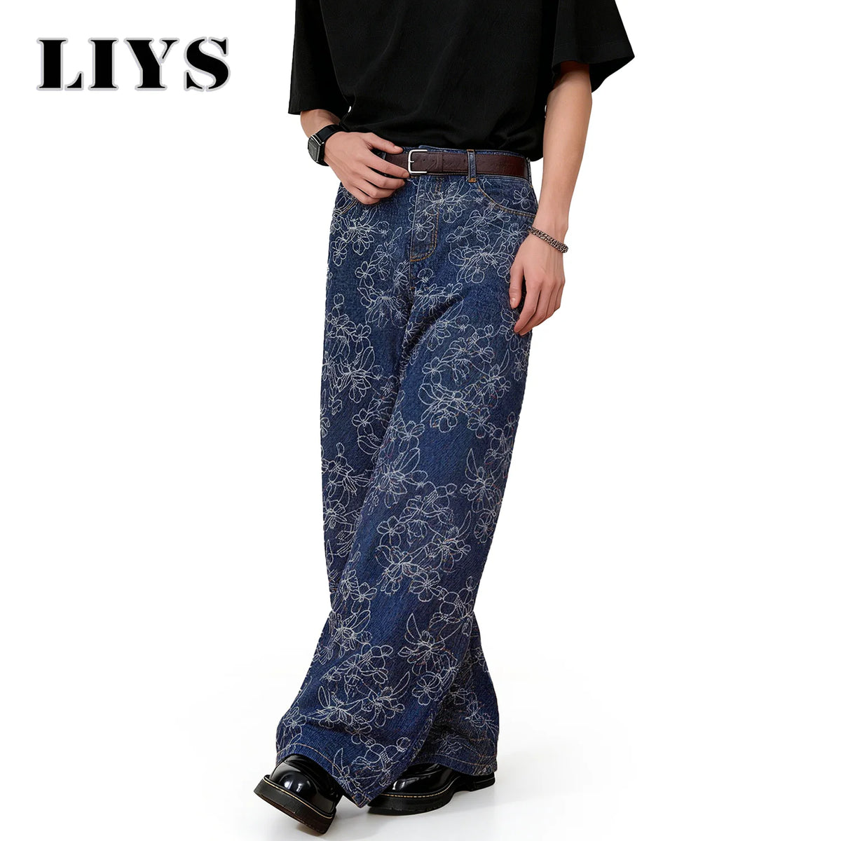 Floral Jacquard Baggy Wide Leg Jeans – Korean Retro Blue Denim