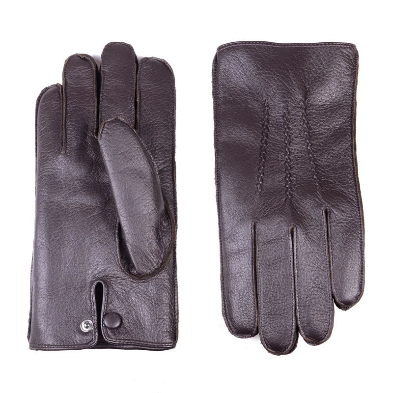 Men S Real Leather Deerskin Wrist Button Winter Warm Driving Short Gloves Outdoor