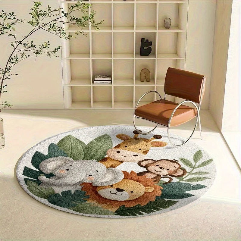 Cartoon Jungle Animal Round Rug – Non-Slip Soft Kids Play Mat