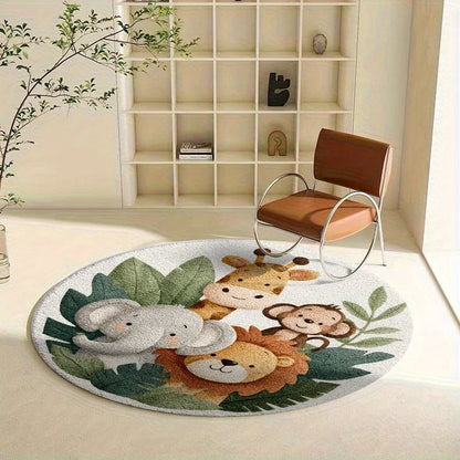 Cartoon Jungle Animal Round Rug – Non-Slip Soft Kids Play Mat