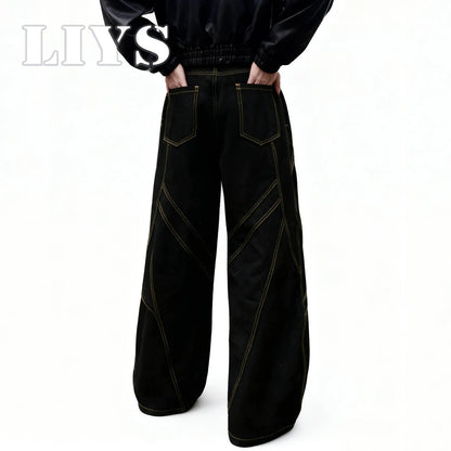 Gold Geometric Stitch Baggy Wide Leg Black Jeans – Unisex Streetwear Denim