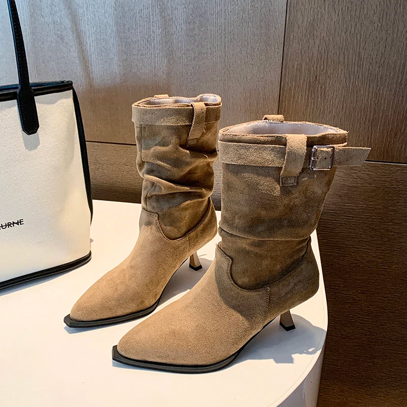 Women's Suede Slouch Boots – Pointed Toe Stiletto Heel with Buckle Strap
