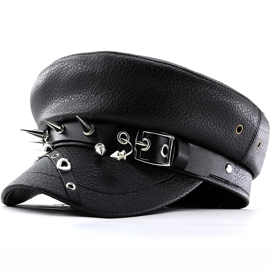 Women's Black PU Leather Military Cap with Spike Rivets