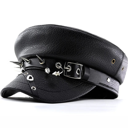Women's Black PU Leather Military Cap with Spike Rivets