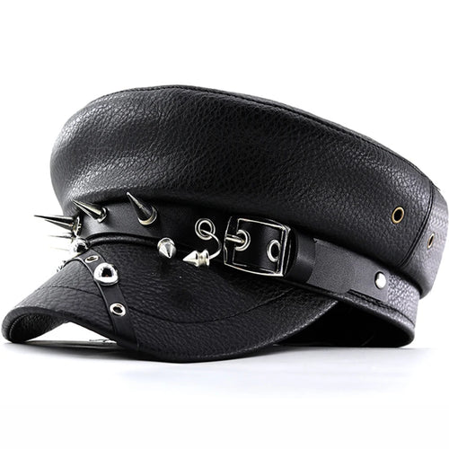 Women's Black PU Leather Military Cap with Spike Rivets