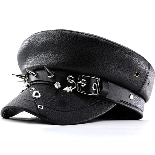 Women's Black PU Leather Military Cap with Spike Rivets