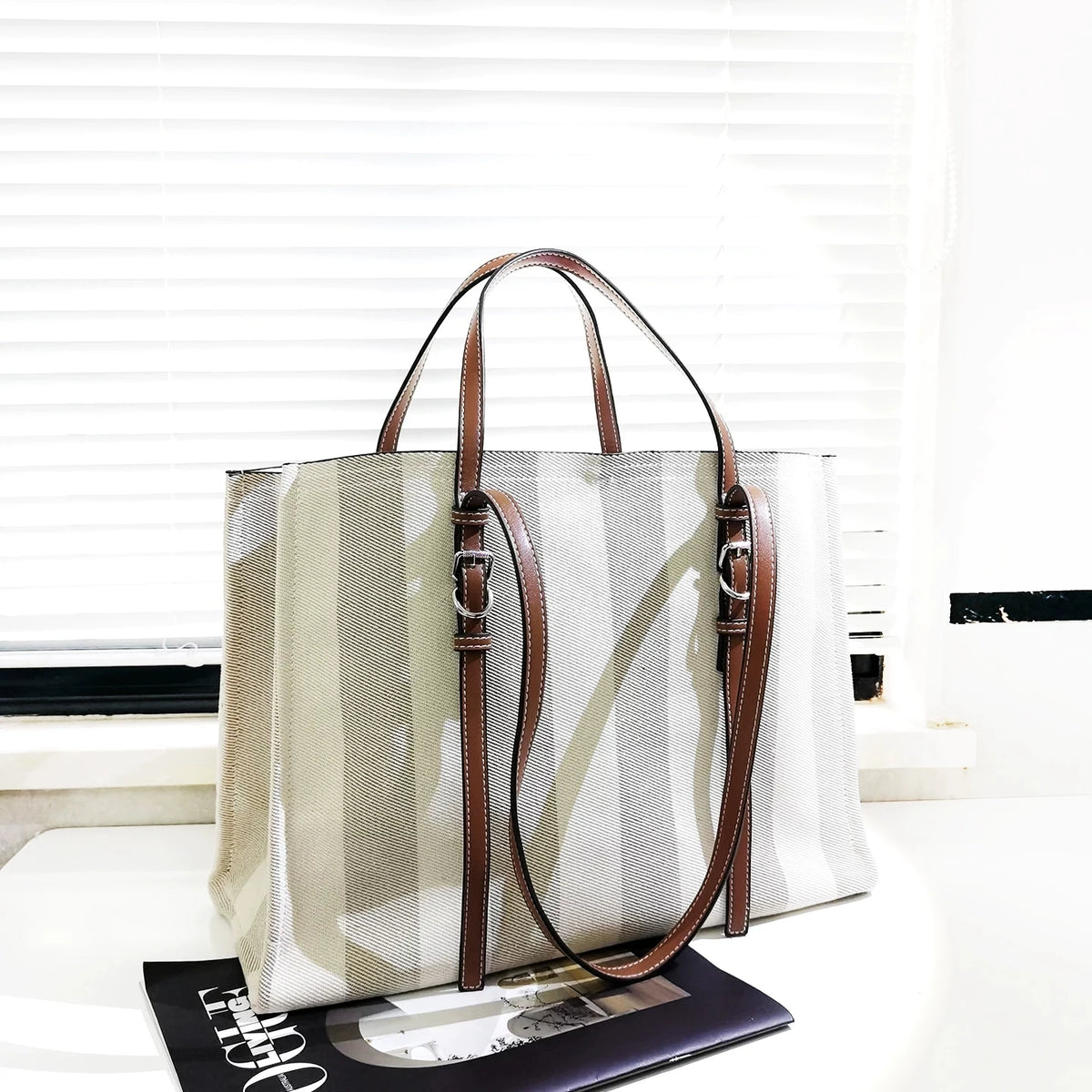 Large Capacity Striped Canvas Tote Bag with Leather Trim