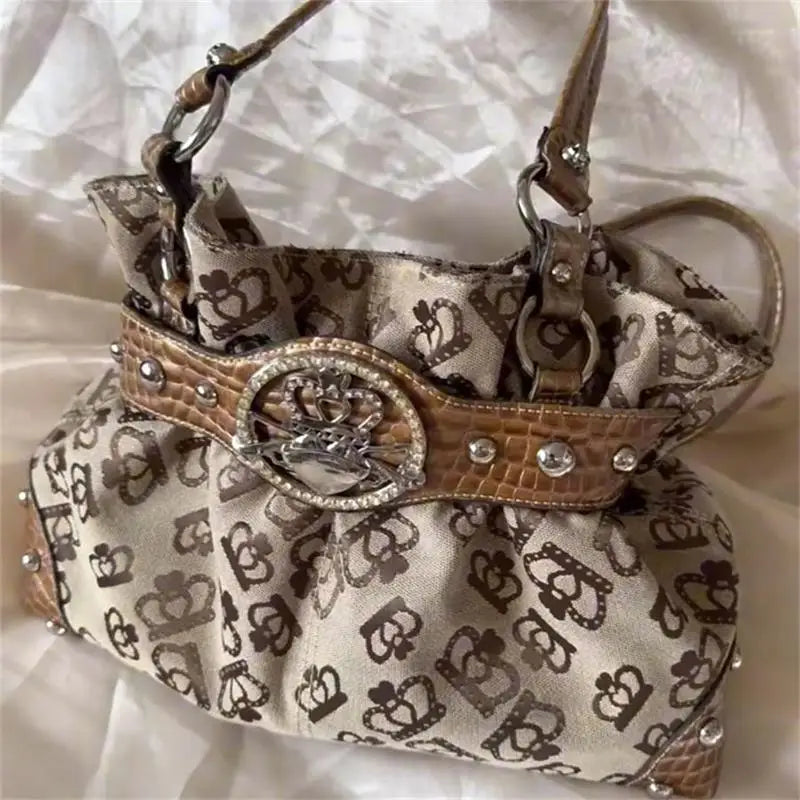 Vintage Y2k Print Shoulder Tote Bag Leather Splice Rivet