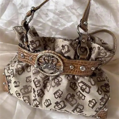 Vintage Y2k Print Shoulder Tote Bag Leather Splice Rivet