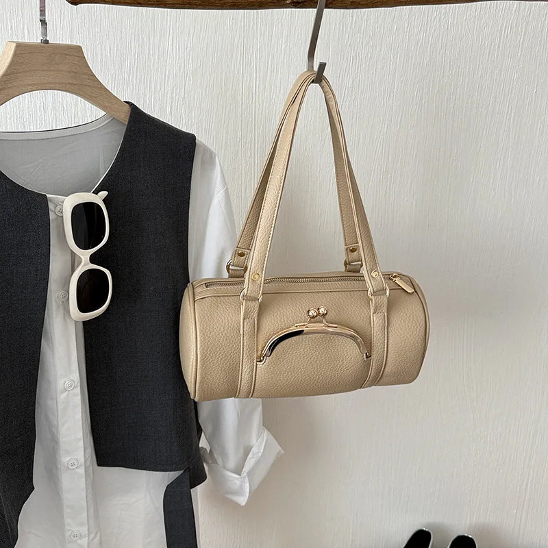 Vintage Cylinder Shoulder Bag With Kiss-lock Closure Soft Leather