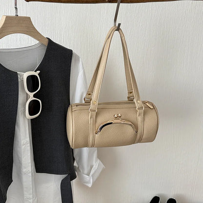 Vintage Cylinder Shoulder Bag With Kiss-lock Closure Soft Leather