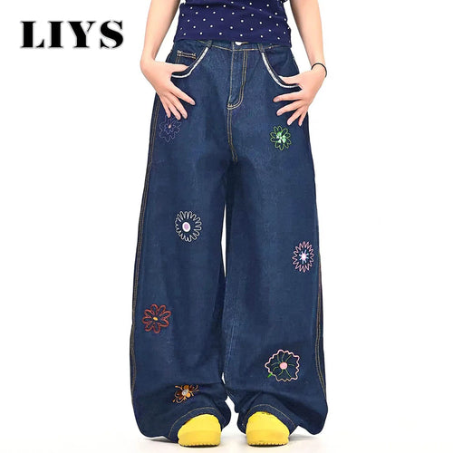 Y2K Flower Embroidered Baggy Wide Leg Jeans – Unisex Denim
