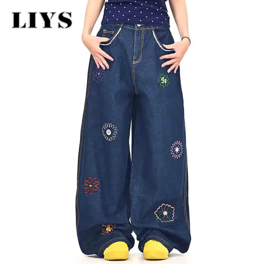 Y2K Flower Embroidered Baggy Wide Leg Jeans – Unisex Denim