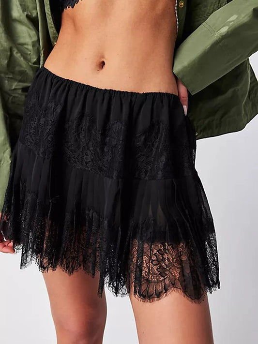 Tiered Lace Mini Skirt – Elastic Waist Pleated Short Skirt