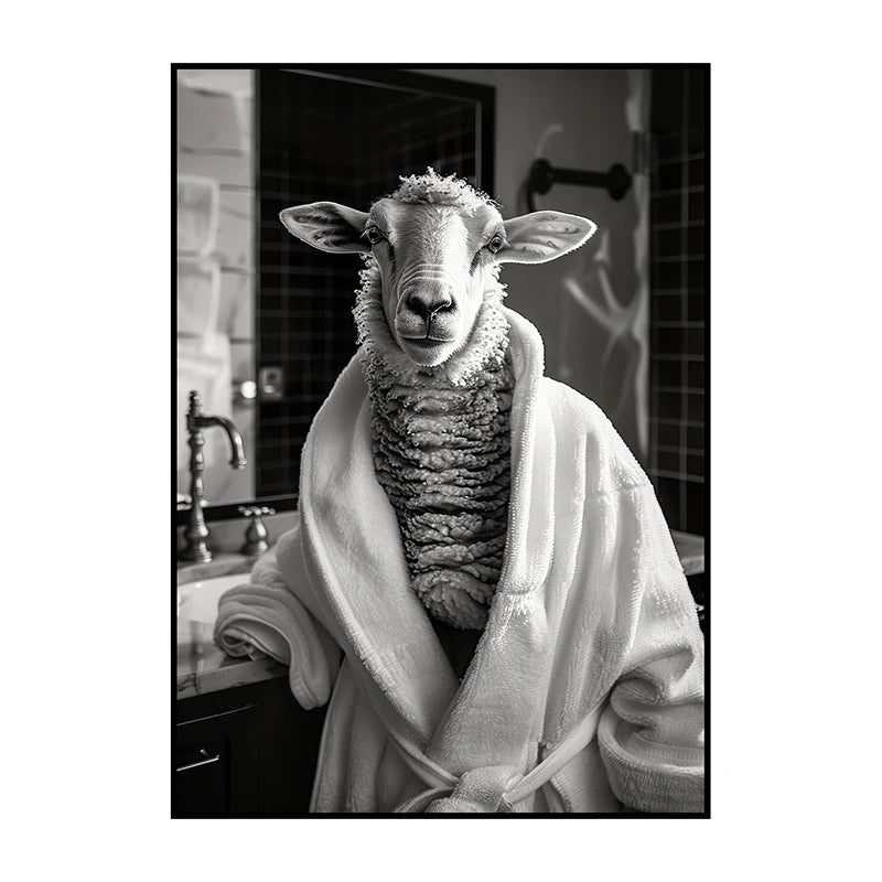 Funny Animal Bathroom Wall Art Poster – Quirky Wildlife in Bathrobe Print