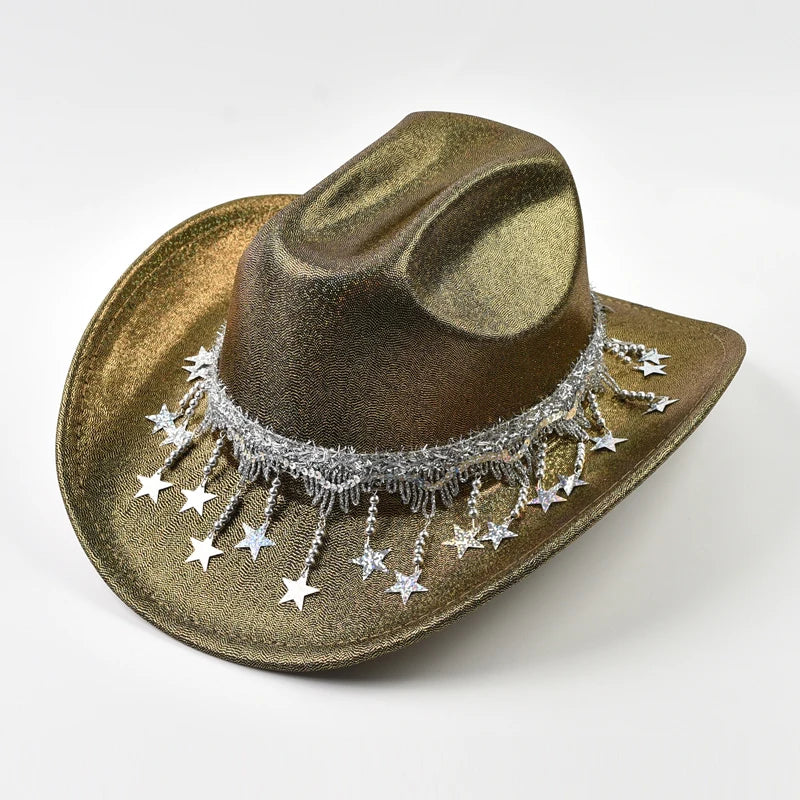 Sequin Cowgirl Hat with Rhinestone Star Fringe – Women's Festival & Party Hat