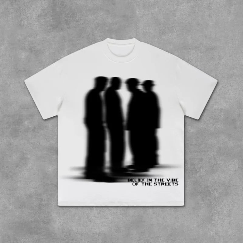 Oversized Graphic Cotton T-Shirt Men Y2K Vintage Shadow Print Streetwear Tee