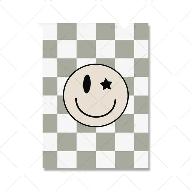 Sage Green Checkered Smiley Face Wall Art Poster | Nursery & Kids Room Canvas Print