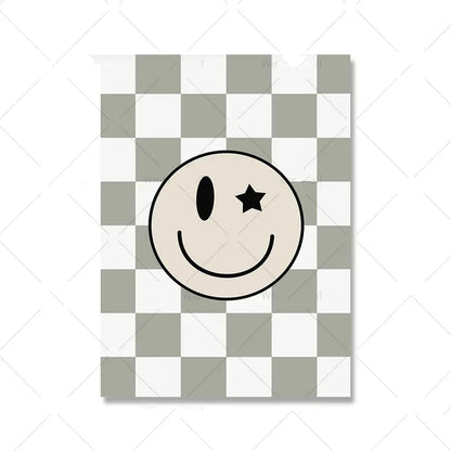 Sage Green Checkered Smiley Face Wall Art Poster | Nursery & Kids Room Canvas Print