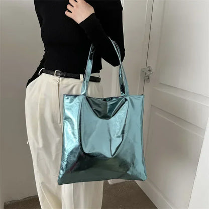 Glossy Tote Bags for Women Fashion High Capacity Shopping Pouch PU Leather Handags