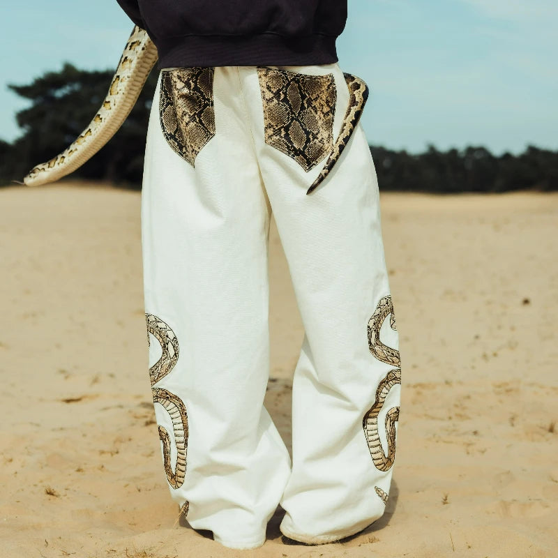 Y2K Snake Embroidery White Baggy Jeans – Unisex Wide Leg Denim