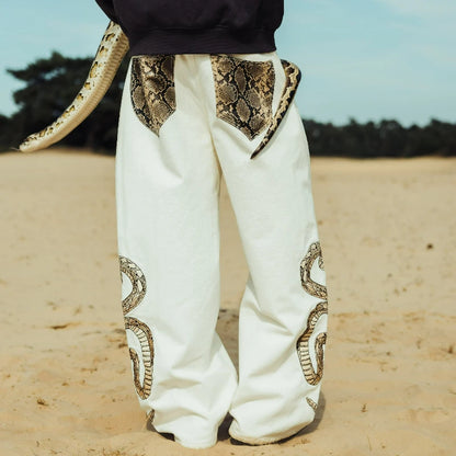 Y2K Snake Embroidery White Baggy Jeans – Unisex Wide Leg Denim