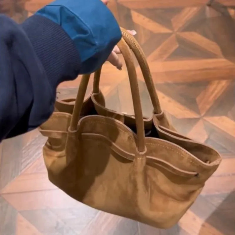 Retro Faux Suede Matte Tote Bag Women Ruffled Large Capacity