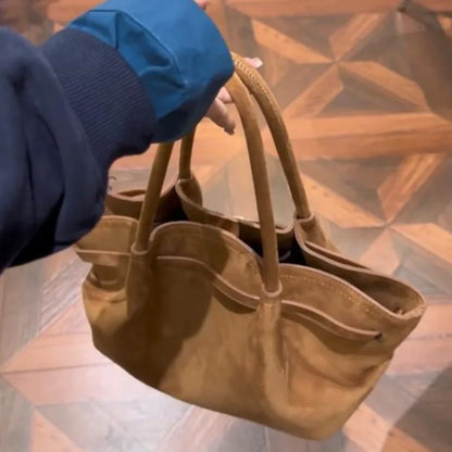 Retro Faux Suede Matte Tote Bag Women Ruffled Large Capacity
