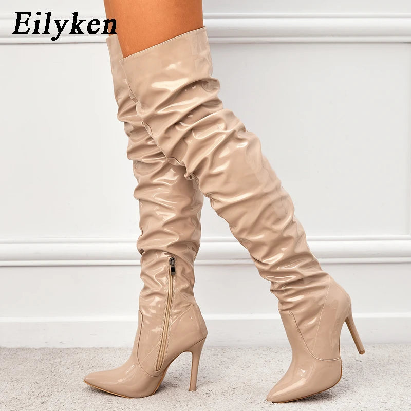 Over-the-Knee Stiletto Boots – Patent Leather Pointed Toe Side Zipper