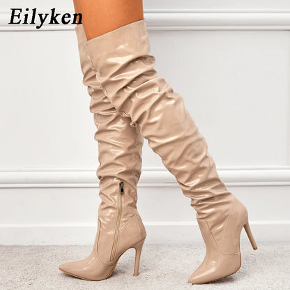 Over-the-Knee Stiletto Boots – Patent Leather Pointed Toe Side Zipper