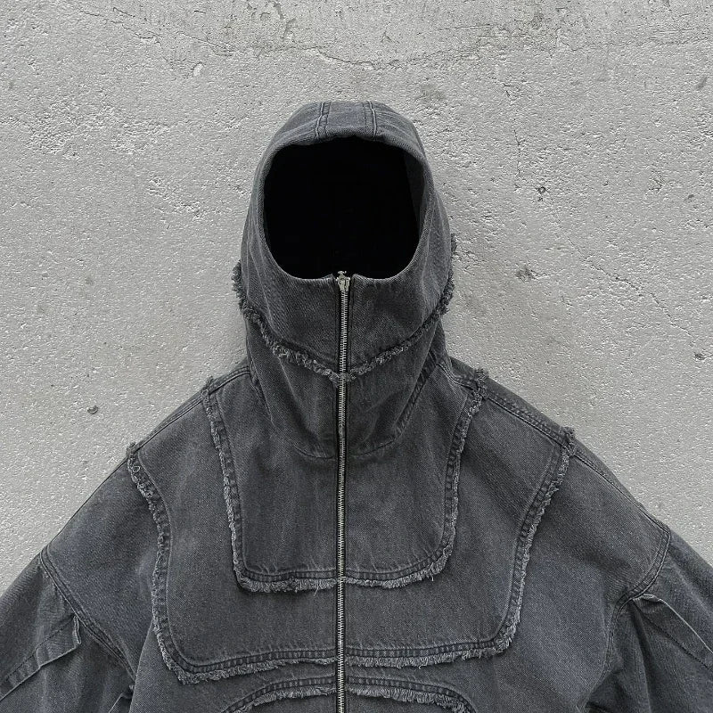 Washed Denim Hooded Jacket Unisex Patchwork Goth Streetwear