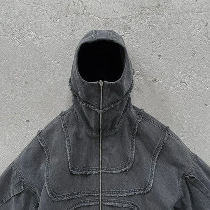Washed Denim Hooded Jacket Unisex Patchwork Goth Streetwear