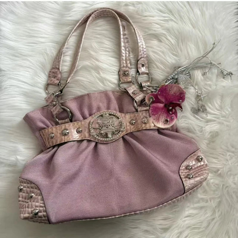 Retro Y2k Rivet Underarm Bag Women Brand Belt Buckle Shoulder Handbag