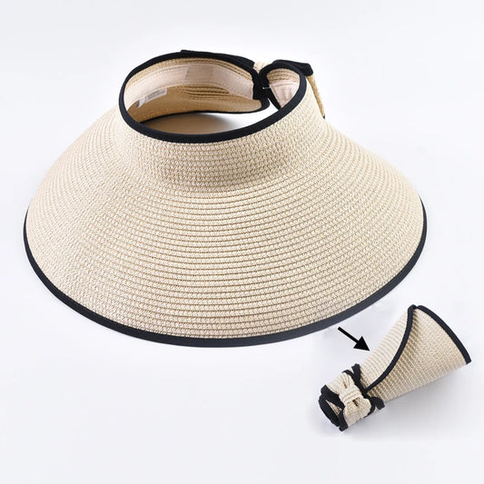 Women's Wide Brim Straw Sun Visor Hat – Foldable Open Top Beach Hat