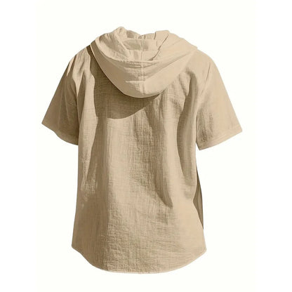Men's Cotton Linen Hooded Shirt – Short Sleeve Button-Up with Drawstring