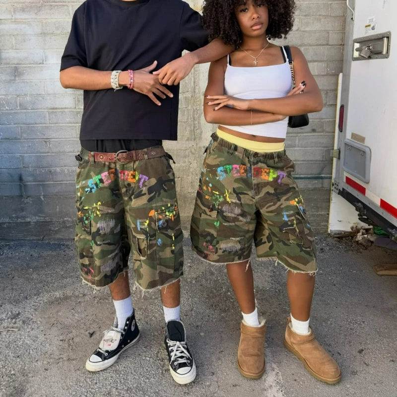 Camo Cargo Shorts Graffiti Print Unisex Y2K Streetwear
