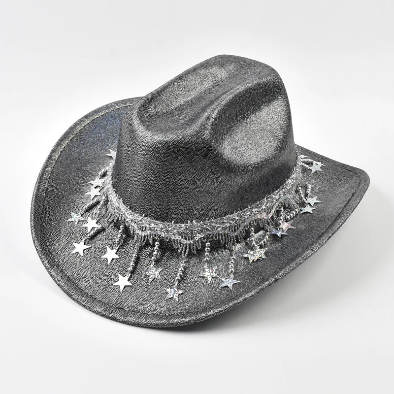 Sequin Cowgirl Hat with Rhinestone Star Fringe – Women's Festival & Party Hat