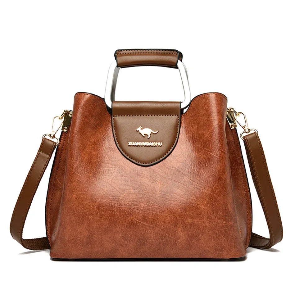 Luxury Oil Skin Leather Tote Bag for Women – 3-Layer Shoulder Handbag