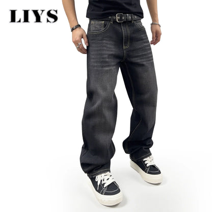 Baggy Straight Leg Jeans Men – Black Washed Retro Denim Pants